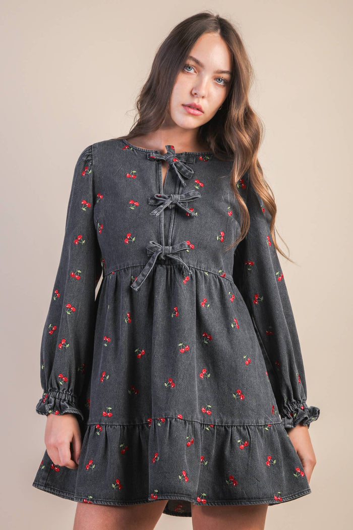 Soft Washed Denim Printed Casual Mini Dress