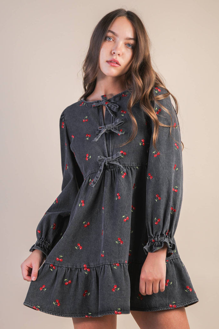 Soft Washed Denim Printed Casual Mini Dress