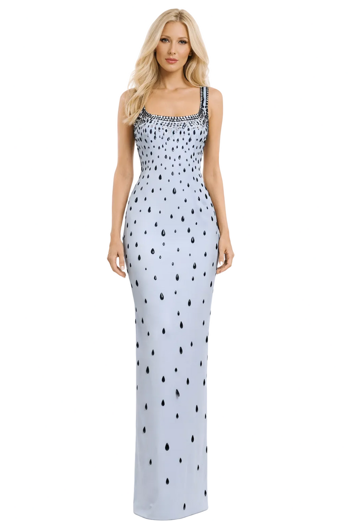 square-neck column dress with crystal embellishments – AUSARA