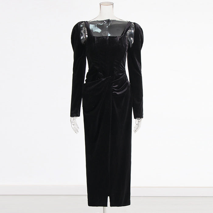 square-neck velvet midi dress with draped waist – ELEGANCE