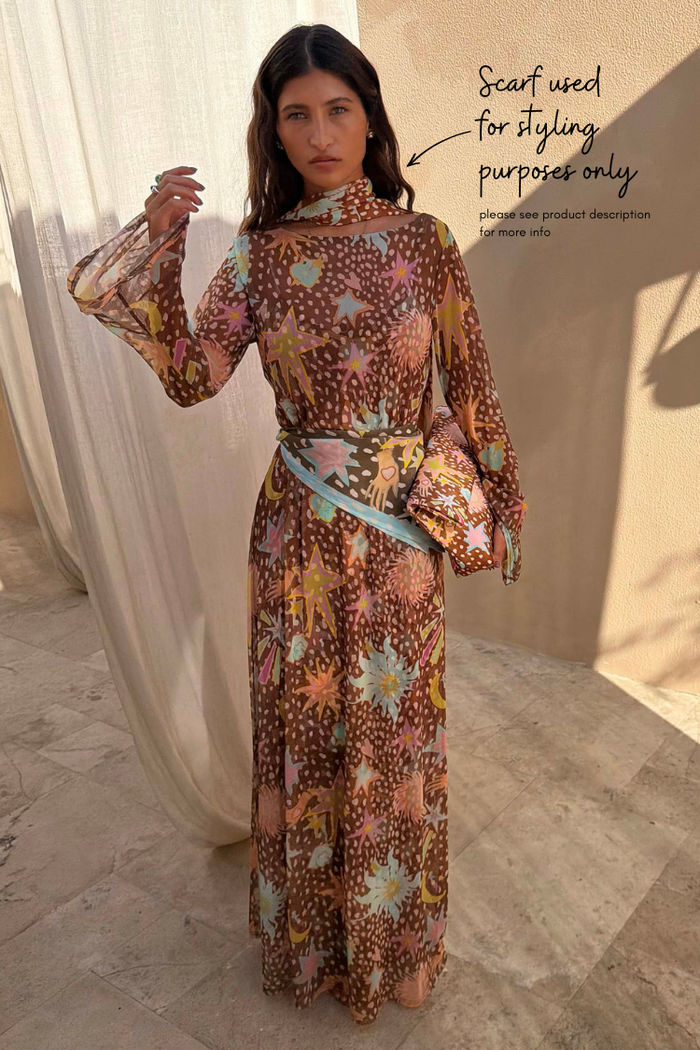 Brown Star Fawn Aria Mesh Dress with colourful motifs, flared sleeves and a scarf used for styling only.