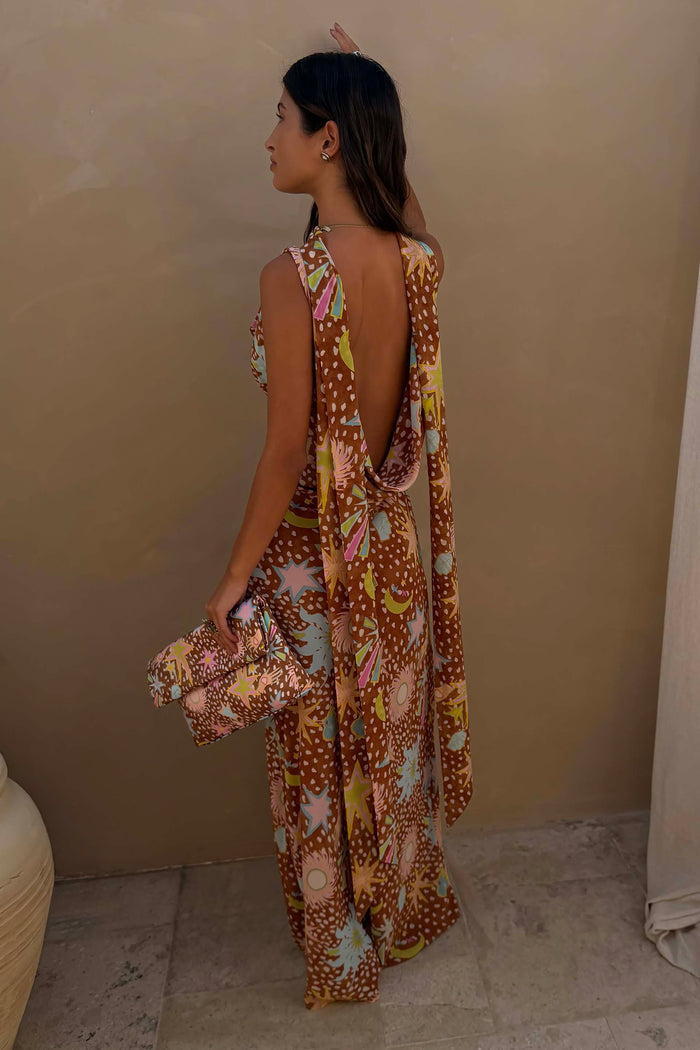 Brown Star Fawn Sophie Dress with sun motifs, a draped low back and multi-wear detachable scarf with a matching clutch.