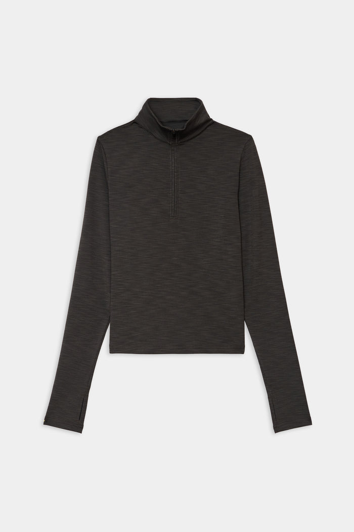The SPLITS59 Stevie Active Rib Half Zip Waist Length in Heather Graphite, a long-sleeve top with thumb holes, is perfect for yoga or running and is shown laid flat on a white background.