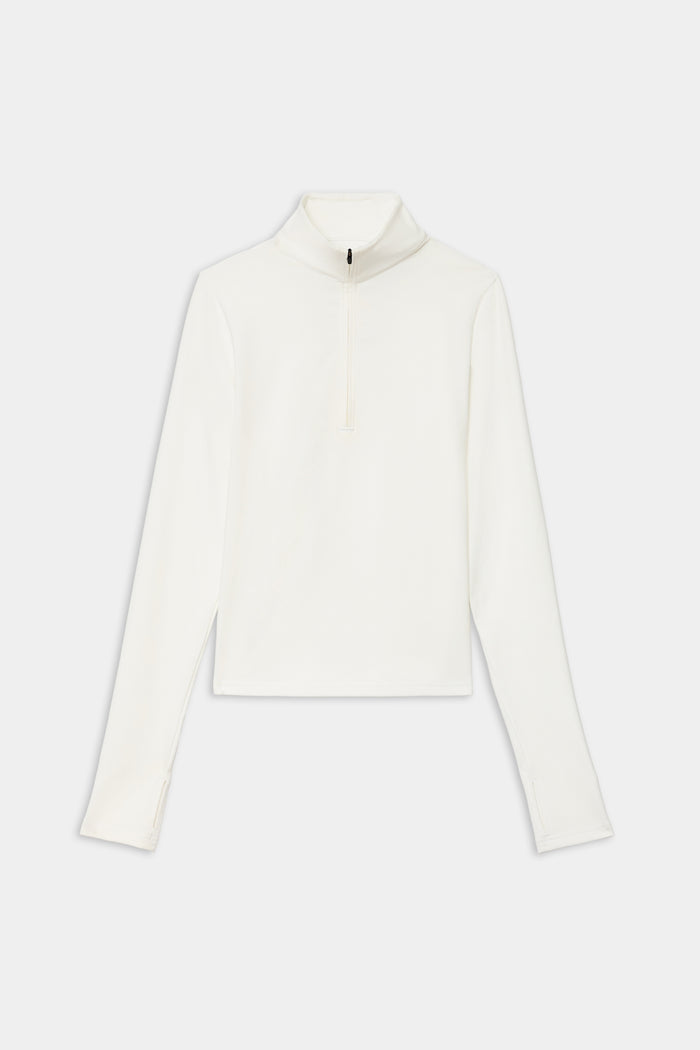 The SPLITS59 Stevie Active Rib Half Zip Waist Length in white is a long-sleeve, high-neck top with a half-zip front, waist-length fit, and rib texture—ideal for gym workouts.