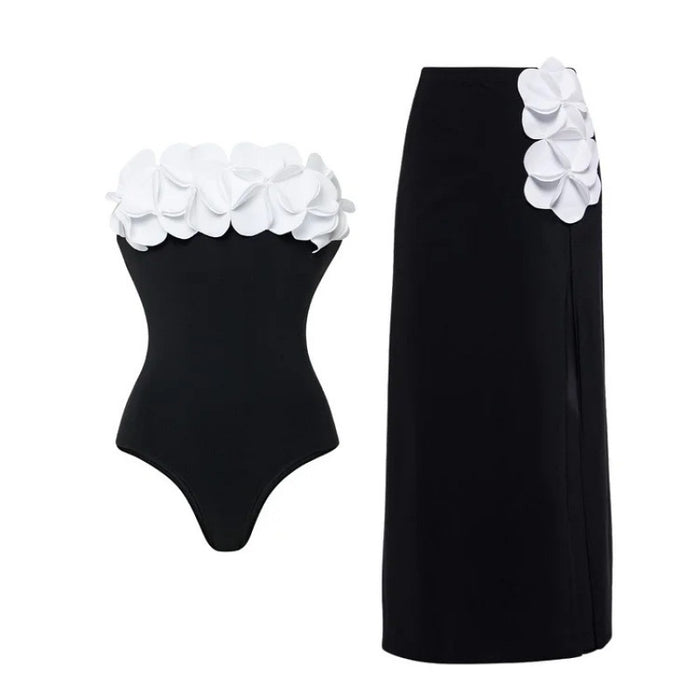 strapless 3D floral top with high-waist maxi skirt set – AHMED