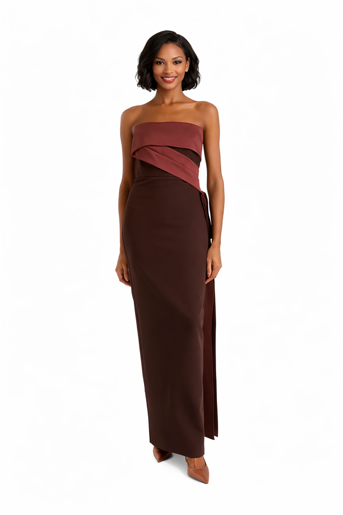 strapless column gown with layered draped bodice – CARAMELLA