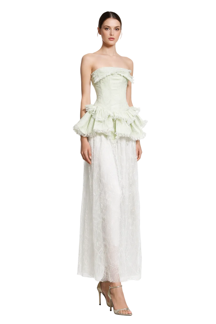 Strapless Lace Maxi Dress with Ruffled Peplum Detail – ELYSÉE