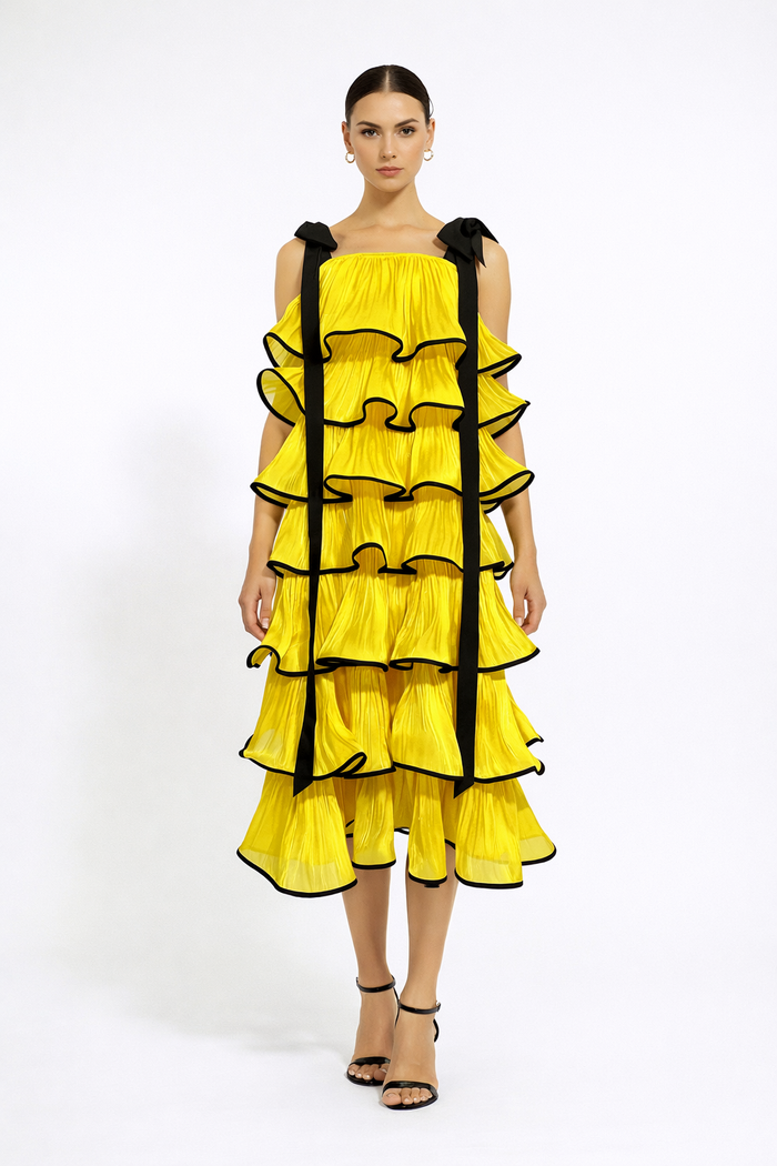 strapless tiered ruffle midi dress with contrast trim – DRAMA