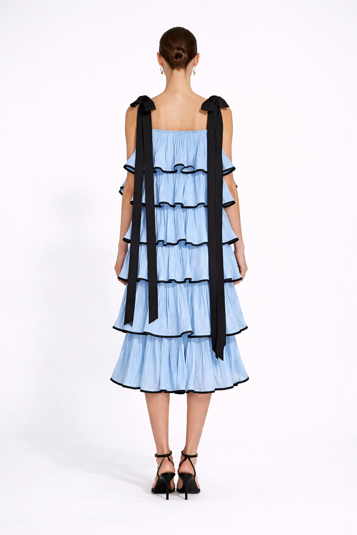 strapless tiered ruffle midi dress with contrast trim – DRAMA