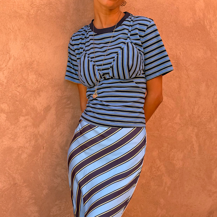 Stripe Bra Baby T-Shirt in blue stripes with a detachable bra overlay and matching striped midi skirt.