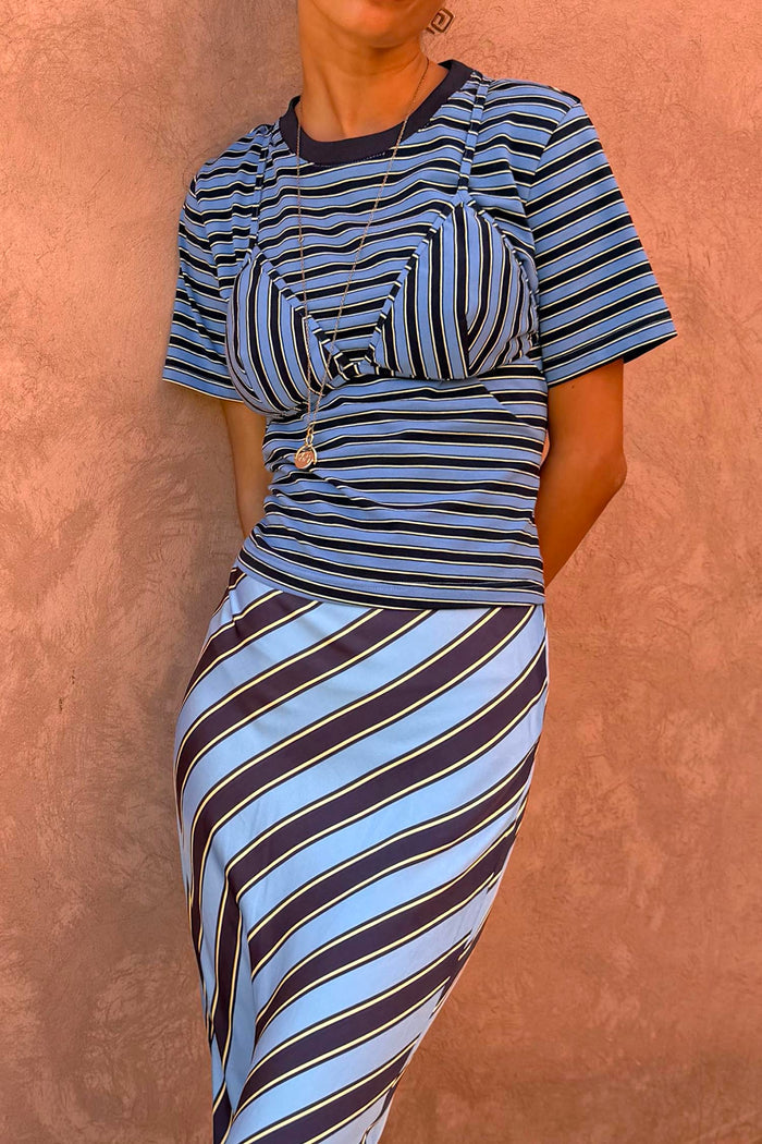 Blue Stripe Bra Baby T-Shirt featuring a detachable bra overlay and matching striped skirt co-ord.