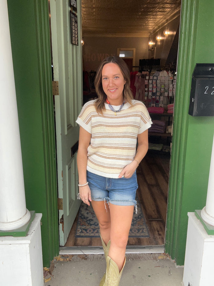 Stripe short sleeve knit sweater