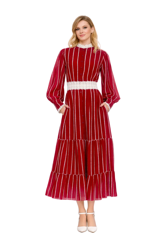 striped lace maxi dress with contrast waist band – VALENTINA