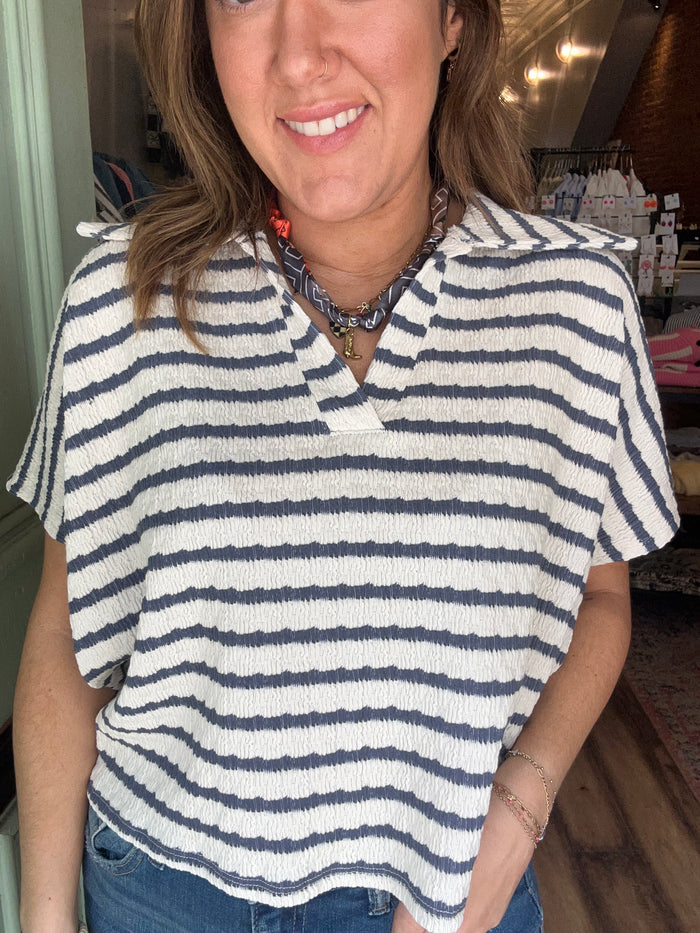 Striped split neck collar top