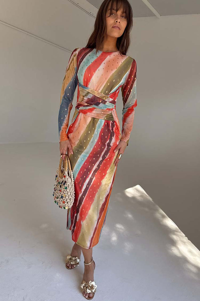 Sunset Stripe Mesh Midi Dress featuring multicoloured diagonal stripes, gold foil dots and a wrap tie waist.