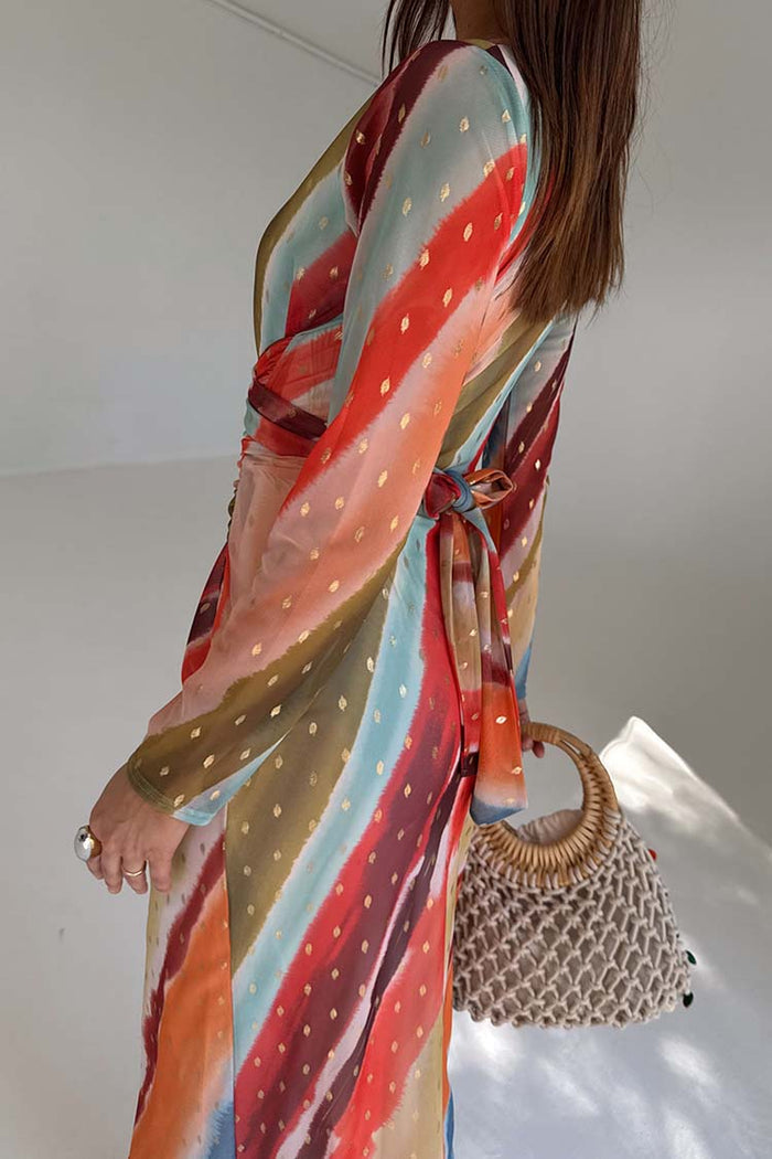 Sunset Stripe Mesh Midi Dress with multicoloured stripes, metallic gold dots and a side tie waist detail.