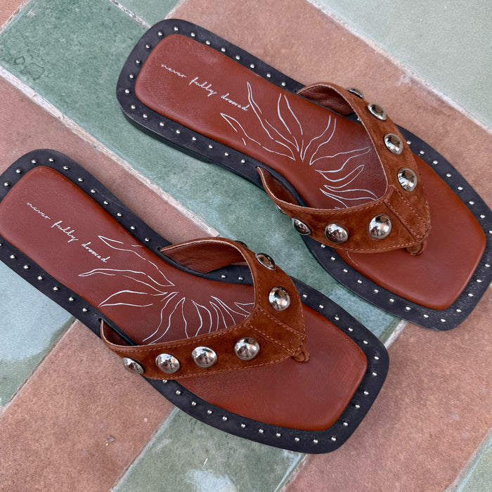 Tan Leather Stud Sandals with a square toe and silver stud detailing on wide suede straps and outer sole edges.