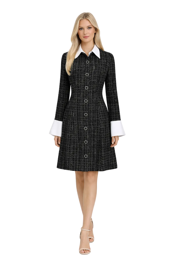 tweed button-front mini dress with contrast collar – TWEED