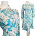 VINTAGE 60s 70s BABY BLUE WHITE FLORAL LEAFY MOD DAGGER SHIRT SWING DRESS 14 16