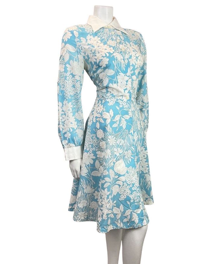 VINTAGE 60s 70s BABY BLUE WHITE FLORAL LEAFY MOD DAGGER SHIRT SWING DRESS 14 16