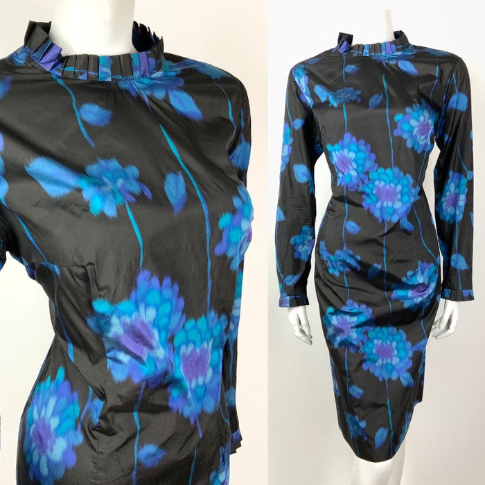 VINTAGE 60s 70s BLACK BLUE PURPLE FLORAL PSYCHEDELIC RUFFLE COLLAR DRESS 14 16