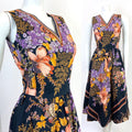 VINTAGE 60s 70s BLACK GOLD PURPLE RED FLORAL LEAFY BOHO FOLK SLEEVELESS DRESS 8