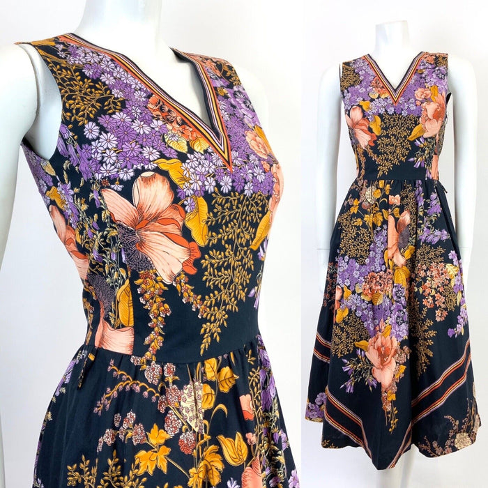 VINTAGE 60s 70s BLACK GOLD PURPLE RED FLORAL LEAFY BOHO FOLK SLEEVELESS DRESS 8