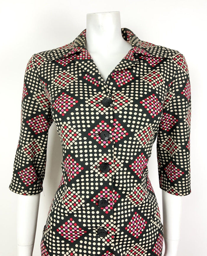 VINTAGE 60s 70s BLACK WHITE RED PINK POLKA-DOT CHECKED DAGGER SHIRT DRESS 14 16