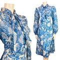 VINTAGE 60s 70s BLUE WHITE PSYCHEDELIC FLORAL PUSSYBOW SHEER SWING DRESS 12 14