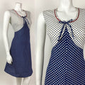 VINTAGE 60s 70s BLUE WHITE RED POLKA-DOT BOW MOD SLEEVELESS DRESS 12 14