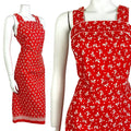 VINTAGE 60s 70s BRIGHT RED WHITE FLORAL DOTTY STRAPPY SUMMER APRON DRESS 10 12