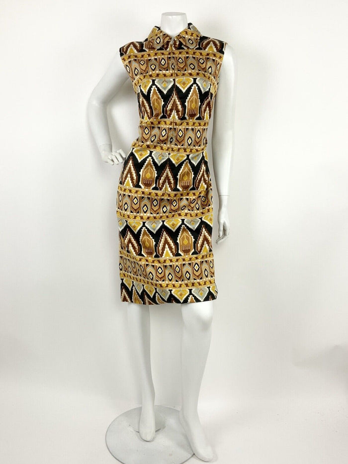 VINTAGE 60s 70s BROWN BRONZE GOLD BLACK WHITE AZTEC GEOMETRIC DRESS 12 14 16