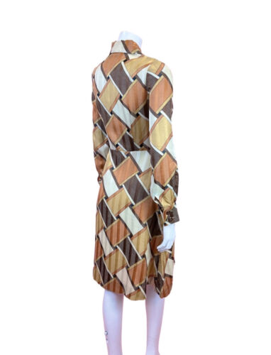 VINTAGE 60s 70s BROWN CREAM GOLD GEOMETRIC WEAVE SHEER DAGGER SHIRT DRESS 8 10