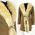 VINTAGE 60s 70s BROWN CREAM SUEDE SHEARLING AFGHAN FUR TRIM BOHO HIPPY COAT 8 10
