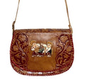 VINTAGE 60s 70s BROWN LEATHER THAI DRAGON BOAT STAMPED FLORAL MINI SHOULDER BAG