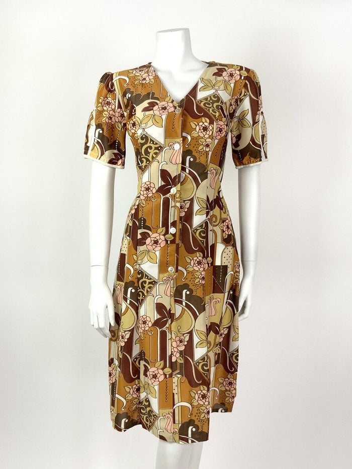 VINTAGE 60s 70s BROWN YELLOW RED PINK FLORAL GEOMETRIC BUTTONED DRESS 8 10