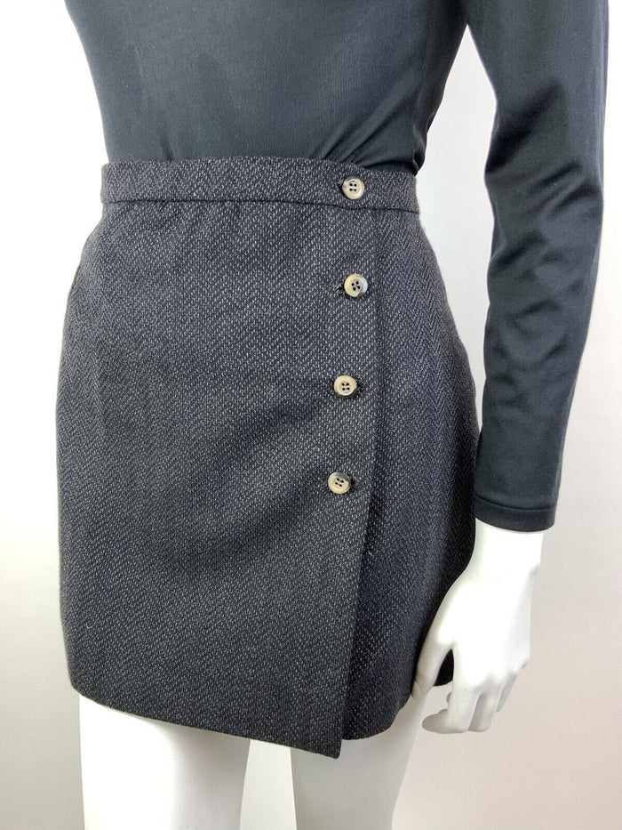 VINTAGE 60s 70s CHARCOAL GREY ZIG-ZAG MOD PREPPY WORKING GIRL WRAP SHORT SKIRT 8