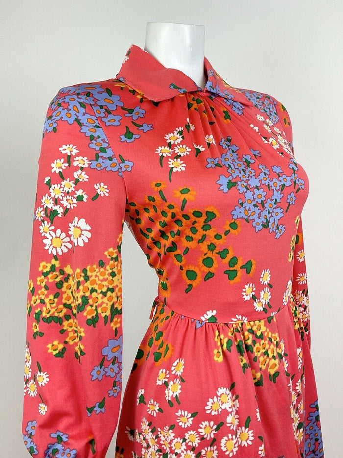 VINTAGE 60s 70s CORAL GREEN BLUE WHITE DAISY FLORAL DITSY MOD SHIRT DRESS 10