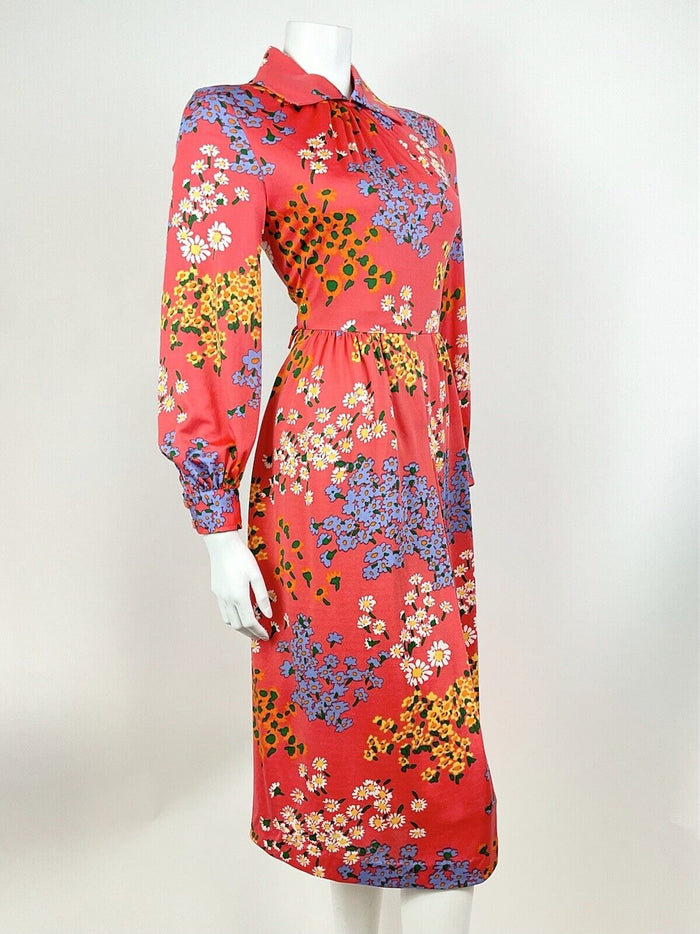 VINTAGE 60s 70s CORAL GREEN BLUE WHITE DAISY FLORAL DITSY MOD SHIRT DRESS 10