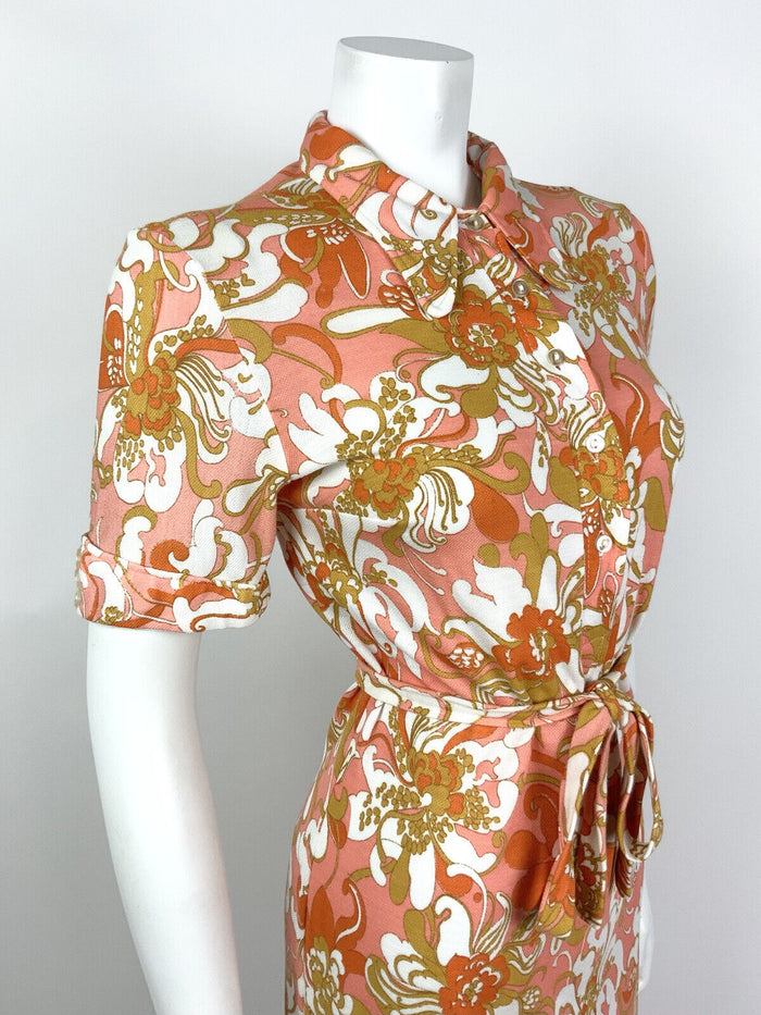 VINTAGE 60s 70s CORAL ORANGE WHITE GOLD PSYCHEDELIC FLORAL DAGGER SHIRT DRESS 12