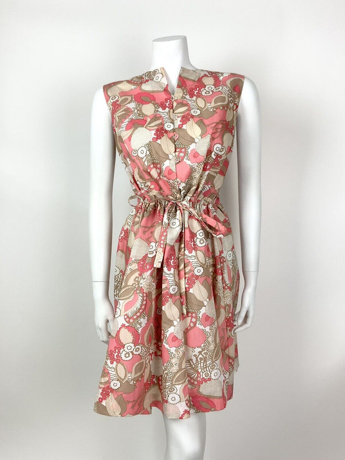 VINTAGE 60s 70s CORAL PINK BEIGE BROWN FLORAL PSYCHEDELIC SLEEVELESS DRESS 12 14