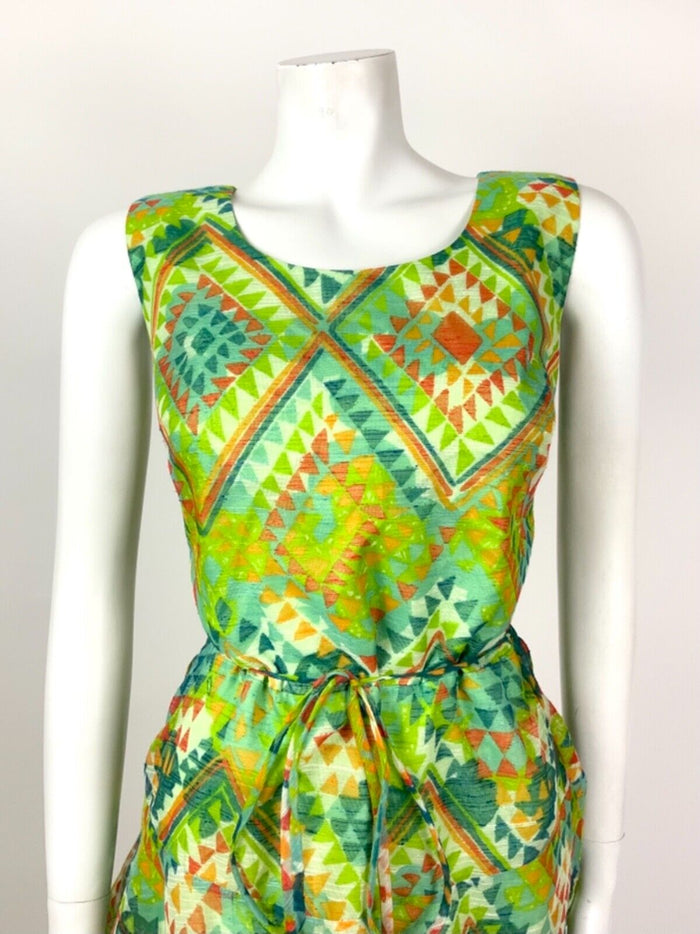 VINTAGE 60s 70s GREEN BLUE RED WHITE AZTEC GEOMETRIC TIERED SHEER DRESS 10 12