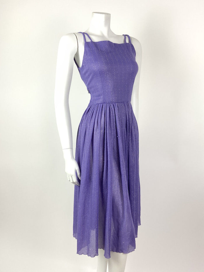 VINTAGE 60s 70s LILAC PURPLE SILVER LUREX STRAPPY STUDIO 54 DISCO DRESS 8