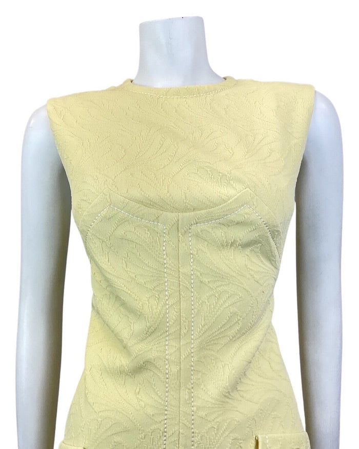VINTAGE 60s 70s PALE YELLOW LEAFY SLEEVELESS MOD SCOOTER SHIFT DRESS 12 14