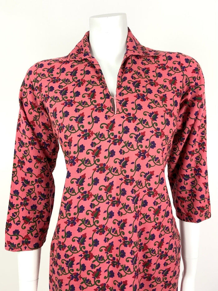 VINTAGE 60s 70s PINK RED BLUE GREEN FLORAL PSYCHEDELIC SWIRL SHIRT DRESS 12 14