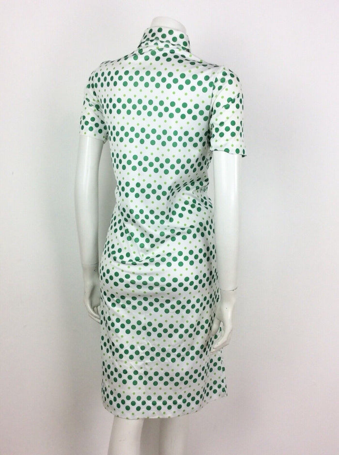VINTAGE 60s 70s POLKA DOT SPOTTY WHITE GREEN SHIRT DRESS 8 10