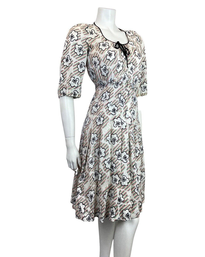 VINTAGE 60s 70s WHITE BLACK RED GREEN STRIPED FLORAL MOD SUMMER DRESS 6