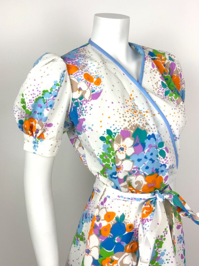VINTAGE 60s 70s WHITE BLUE ORANGE PURPLE FLORAL WRAP SUMMER DRESS 10 12