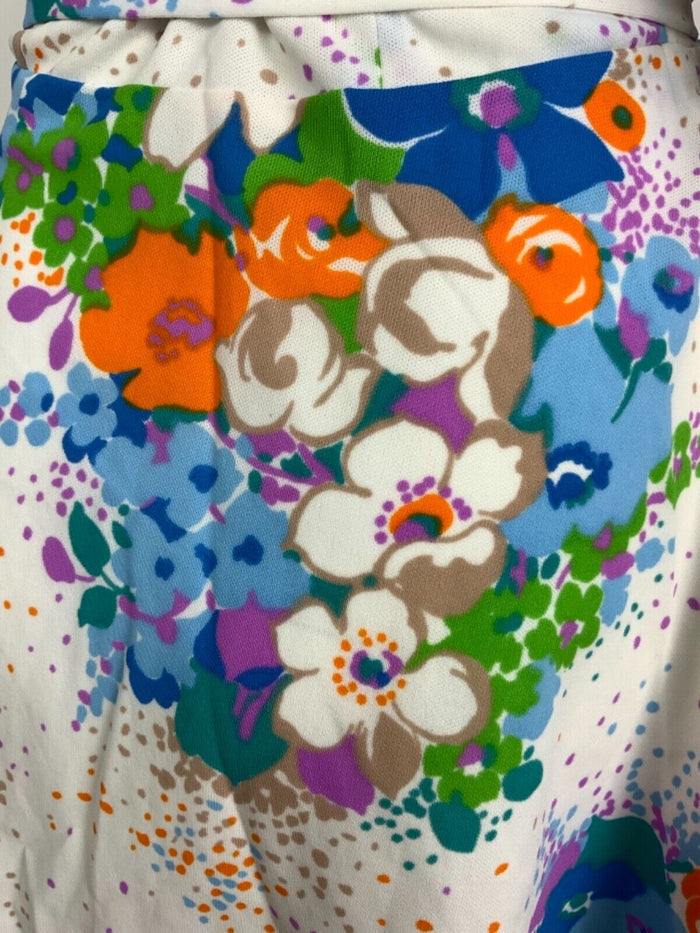 VINTAGE 60s 70s WHITE BLUE ORANGE PURPLE FLORAL WRAP SUMMER DRESS 10 12