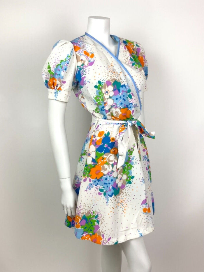 VINTAGE 60s 70s WHITE BLUE ORANGE PURPLE FLORAL WRAP SUMMER DRESS 10 12